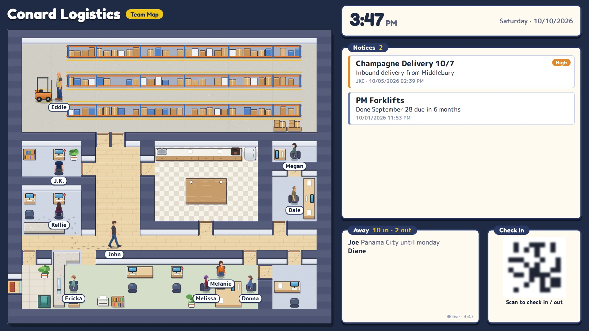 Team Board running on an office TV: illustrated floor plan with each teammate's character, notices, who's away, and a QR code for phone check-in